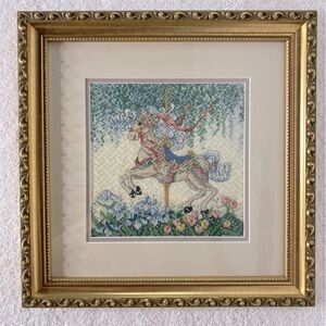 Vintage Handmade Framed Carousel Horse Cross Stitch Art Cottagecore Carnival